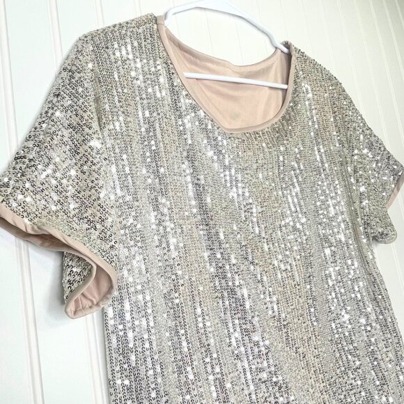 Sequin Tops Sparkly Glitter Blouse Sequined Short Sleeve Shirt Size L NWT - Picture 7 of 15